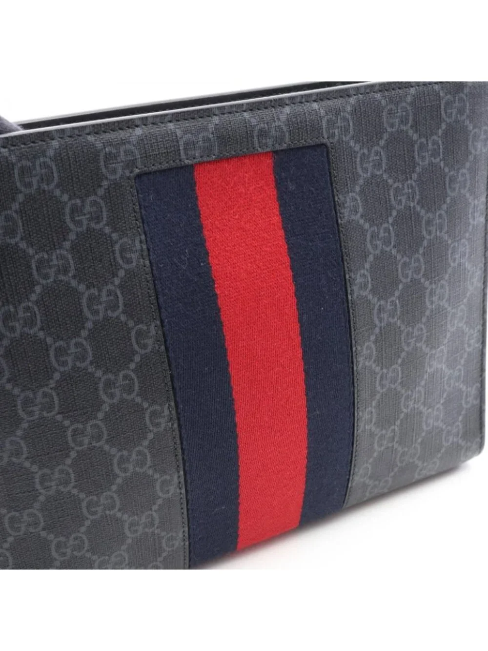 Gucci Clutch GG Supreme Webbing Line Black Gray Navy Canvas Leather Sherry